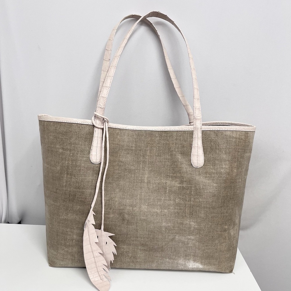 Nancy Gonzalez Crocodile‎ & Coated Linen Tote Bag Erica Purse Flax & Taupe Beige